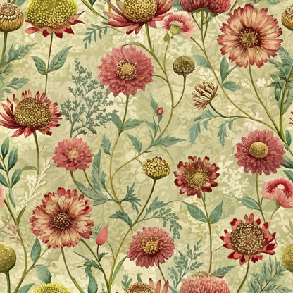 Art Nouveau Burnet Flowers Pattern 2 Quilting Cotton Fabric featuring floral design, vintage style, botanical motifs, green leaves, pink flowers, yellow blossoms, soft cream background, cotton textile, quilting material, traditional print, elegant nature-inspired fabric.