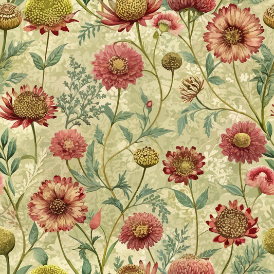Art Nouveau Burnet Flowers Pattern 2 Quilting Cotton Fabric featuring floral design, vintage style, botanical motifs, green leaves, pink flowers, yellow blossoms, soft cream background, cotton textile, quilting material, traditional print, elegant nature-inspired fabric.