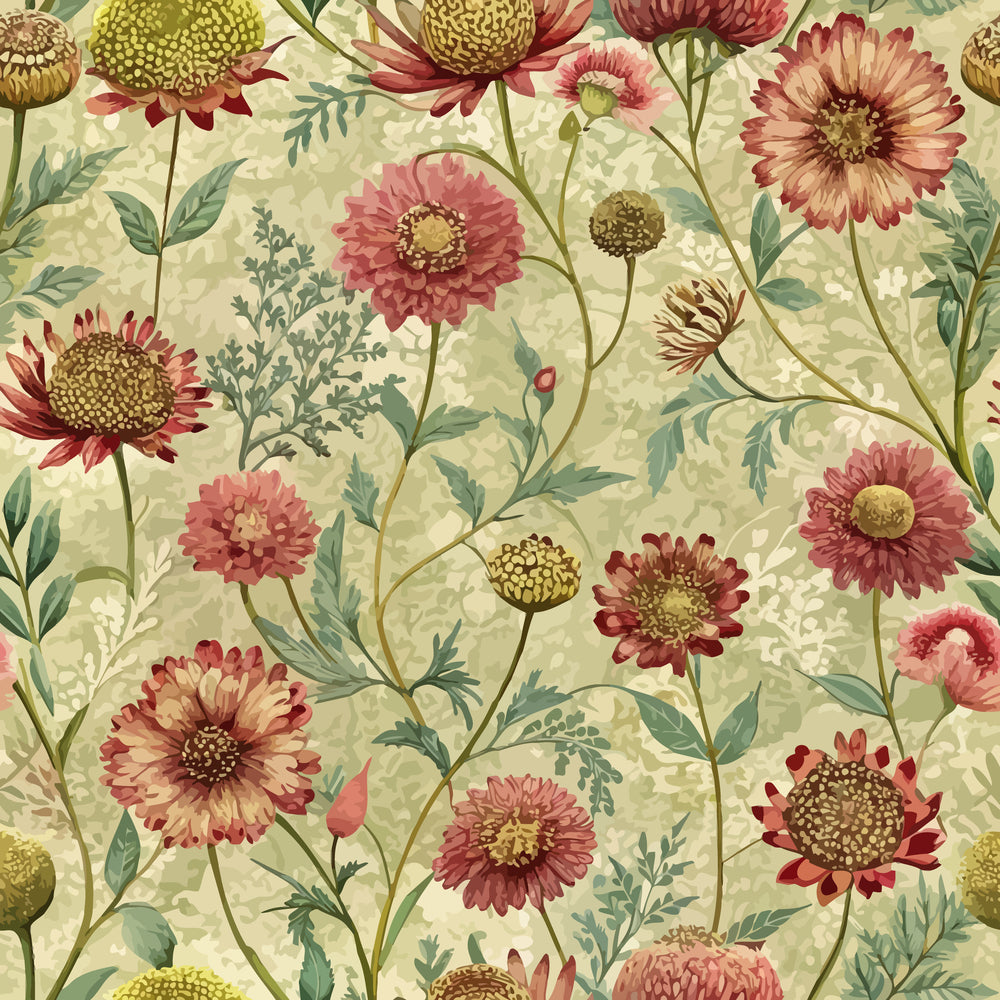 Art Nouveau Burnet Flowers Pattern 2 Quilting Cotton Fabric featuring floral design, vintage style, sepia, olive green, dusty rose, burgundy, botanical, foliage, natural, textile, soft texture, crafting, sewing material, decorative, garden-inspired cotton fabric.