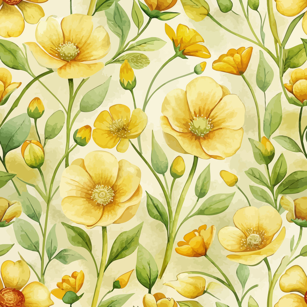 yellow flowers, buttercups, art nouveau, floral pattern, botanical design, green leaves, cream background, watercolor style, spring blooms, quilting cotton, fabric panel, nature motif, golden yellow, sage green, delicate petals, flowering stems, organic curves, meadow flowers, soft pastels, repeating pattern