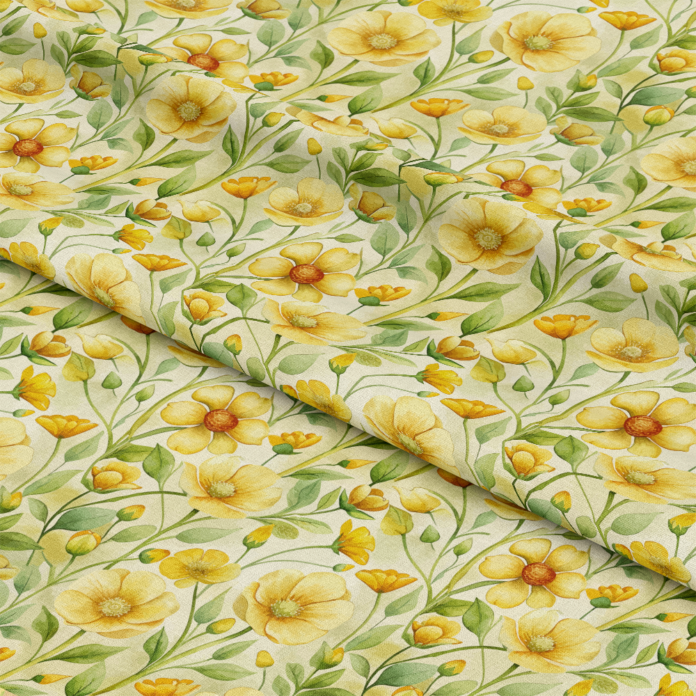 Art Nouveau Buttercups Pattern 1 Quilting Cotton Fabric with yellow buttercup flowers, green leaves, floral design, botanical print, natural colors, quilting material, premium cotton fabric, traditional style, soft texture, yardage fabric for sewing projects