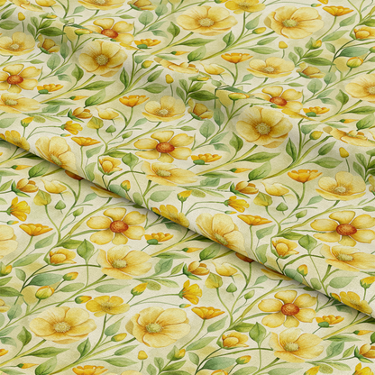 Art Nouveau Buttercups Pattern 1 Quilting Cotton Fabric with yellow buttercup flowers, green leaves, floral design, botanical print, natural colors, quilting material, premium cotton fabric, traditional style, soft texture, yardage fabric for sewing projects