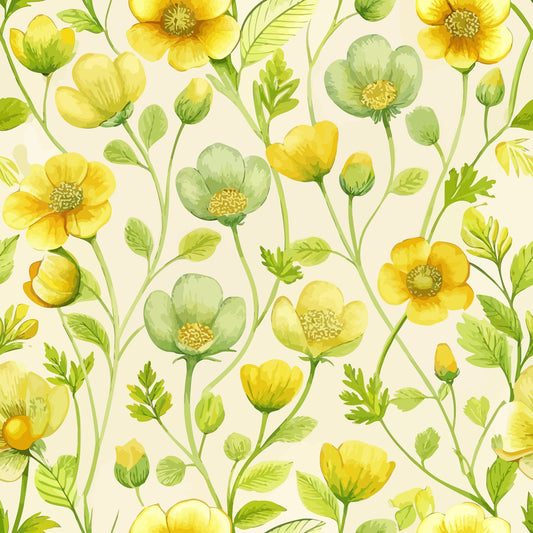 Art Nouveau Buttercups Pattern 2 Quilting Cotton Fabric featuring yellow and green floral design, buttercup blossoms, leafy stems, vintage style, nature-inspired textile, sewing material, quilting cotton, decorative cloth, soft texture, botanical print, floral fabric.