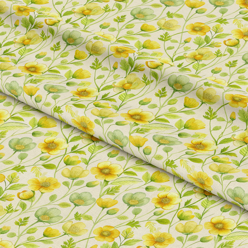 Art Nouveau Buttercups Pattern 2 Quilting Cotton Fabric featuring yellow buttercup flowers, green leaves, floral design, vintage style, botanical print, soft texture, natural cotton quilting material, fabric yardage, traditional style, elegant quilting cotton fabric.
