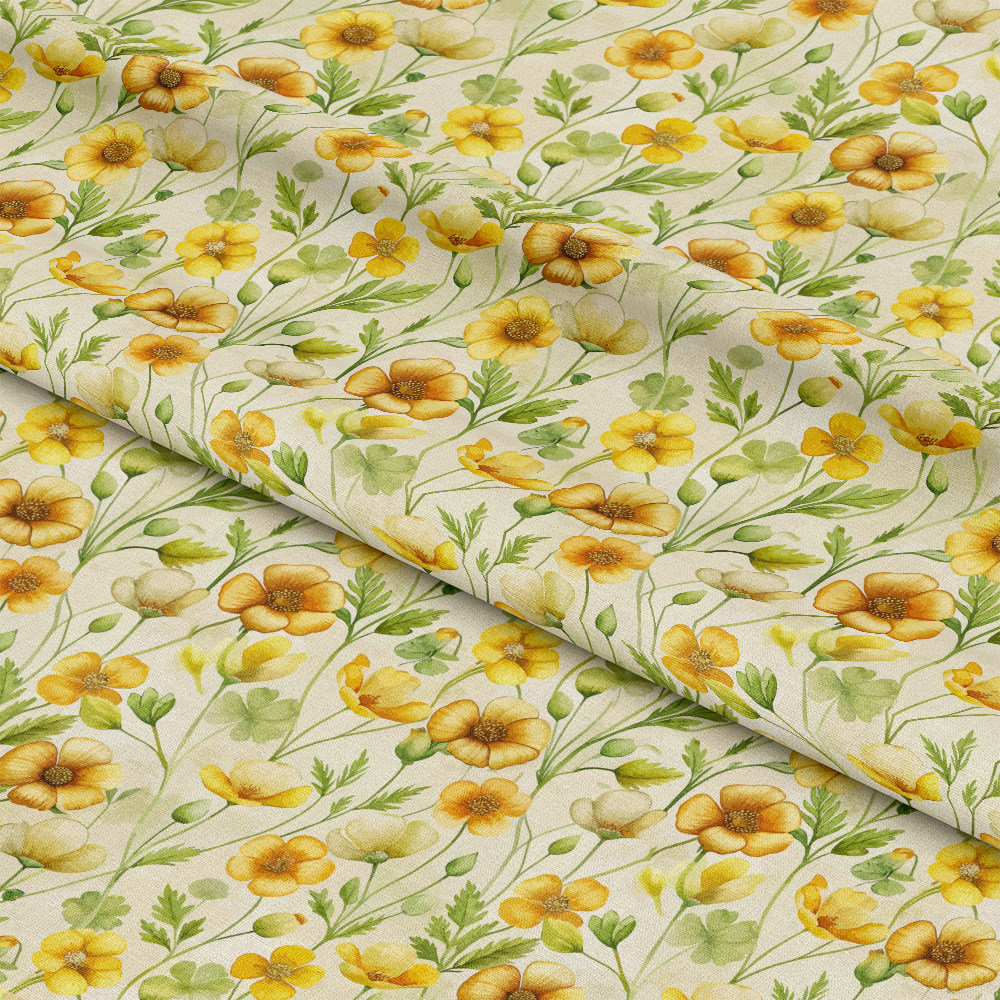 Art Nouveau Buttercups Pattern 3 Quilting Cotton Fabric with yellow, gold, beige, and green floral design, quilting material, cotton textile, botanical print, vintage style, soft texture, eco-friendly fabric, premium quilting cotton.