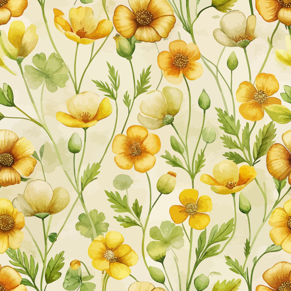 Art Nouveau Buttercups Pattern 3 Quilting Cotton Fabric with yellow buttercup flowers, green leaves, floral design, vintage style, quilting cotton material, soft texture, botanical print, craft fabric, spring colors, decorative fabric for sewing and quilting projects.