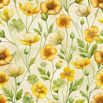 Art Nouveau Buttercups Pattern 3 Quilting Cotton Fabric with yellow buttercup flowers, green leaves, floral design, vintage style, quilting cotton material, soft texture, botanical print, craft fabric, spring colors, decorative fabric for sewing and quilting projects.