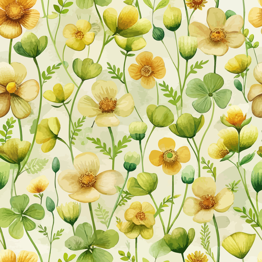 buttercups, wildflowers, botanical pattern, yellow flowers, green leaves, cream background, watercolor style, art nouveau, floral design, quilting cotton, fabric panel, spring flowers, meadow flowers, delicate petals, nature inspired, soft pastels, repeating pattern, garden blooms, organic shapes, flowing stems