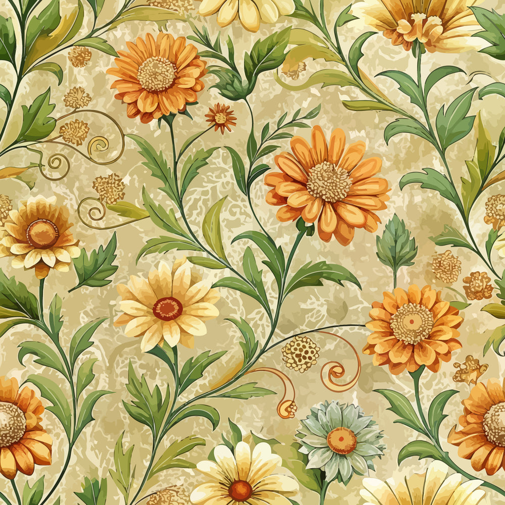 art nouveau, calendula flowers, floral pattern, orange blooms, yellow petals, green foliage, swirling vines, botanical design, cream background, golden tones, decorative scrollwork, quilting cotton, fabric panel, seamless repeat, vintage style, ornate florals, nature motif, warm colors, flowing stems