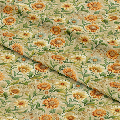 Art Nouveau Calendulas Pattern 1 Quilting Cotton Fabric, floral, calendula flowers, orange, yellow, cream, green leaves, vintage style, quilting fabric, cotton fabric, botanical, decorative fabric, natural tones, traditional design, soft texture, premium cotton textile, fabric yardage, handmade crafts, sewing material, USA printed fabric
