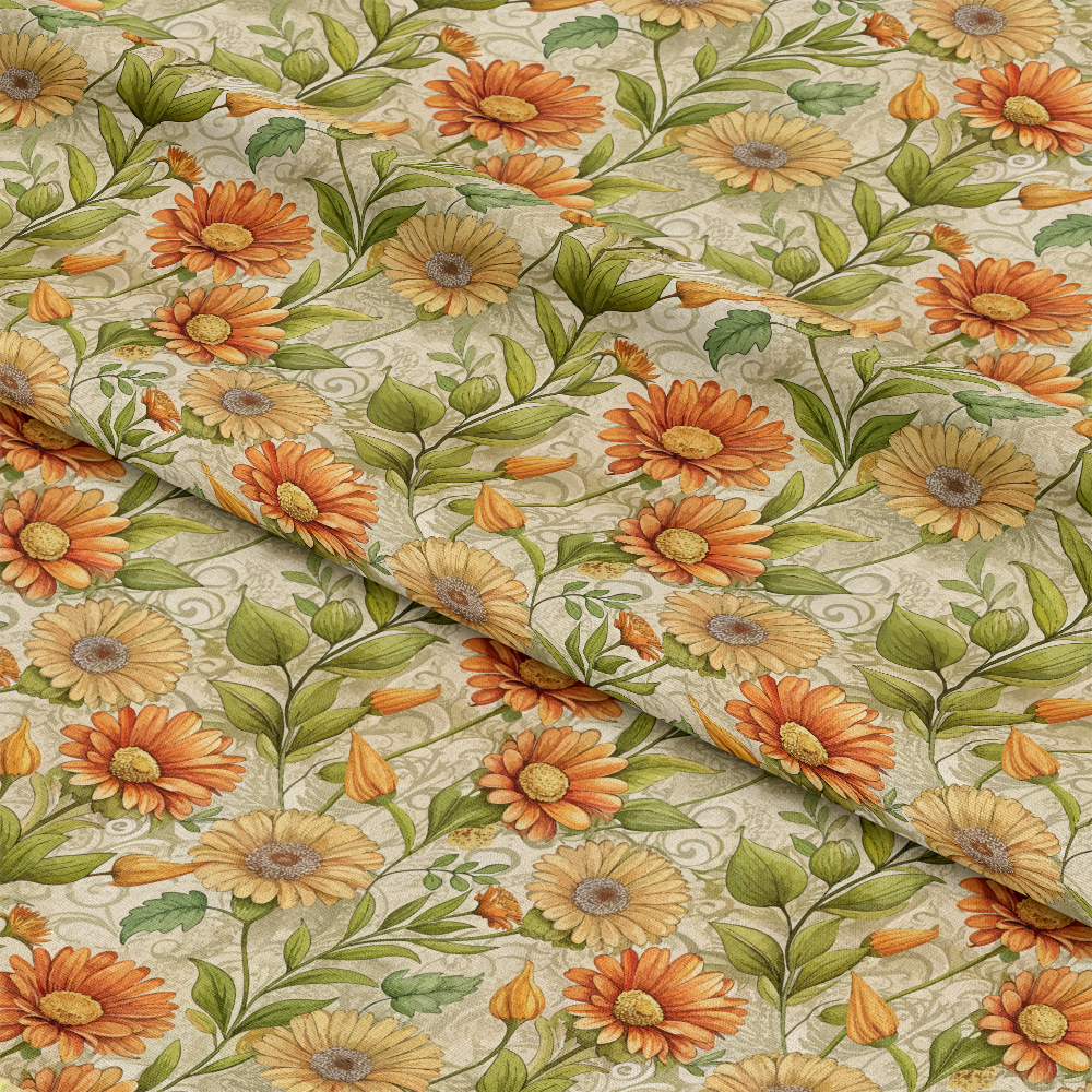 Art Nouveau Calendulas Pattern 2 Quilting Cotton Fabric, quilting fabric, cotton material, floral design, calendula flowers, orange blossoms, yellow petals, green leaves, vintage style, ornamental pattern, traditional fabric, soft texture, fabric yardage, sewing material, craft fabric, decorative textile