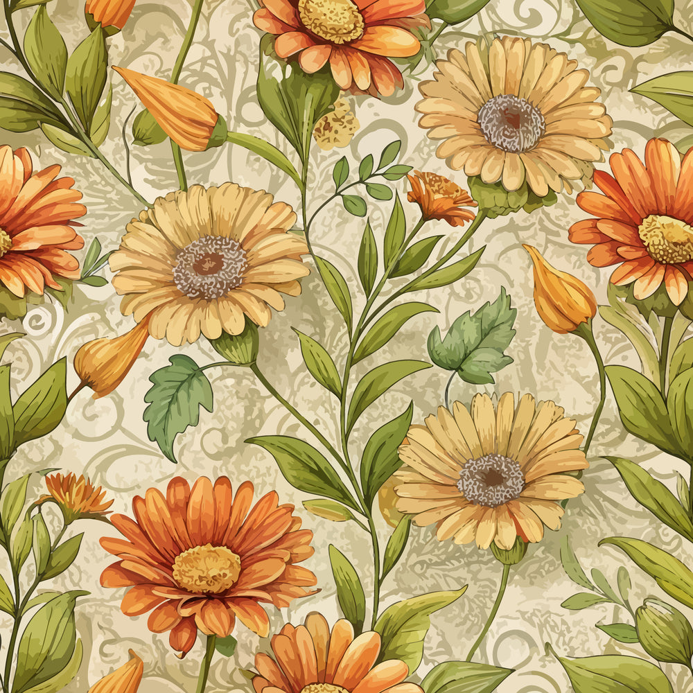 Art Nouveau Calendulas Pattern 2 Quilting Cotton Fabric featuring vintage floral design, calendula flowers, orange and yellow tones, green leaves, botanical print, natural theme, classic style, quilting material, cotton textile, fabric for sewing, craft fabric, decorative fabric, soft texture.