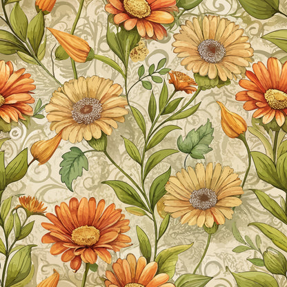 Art Nouveau Calendulas Pattern 2 Quilting Cotton Fabric featuring vintage floral design, calendula flowers, orange and yellow tones, green leaves, botanical print, natural theme, classic style, quilting material, cotton textile, fabric for sewing, craft fabric, decorative fabric, soft texture.