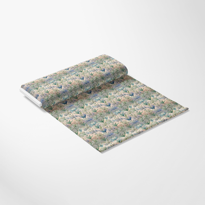 Art Nouveau Camassias Pattern 1 Quilting Cotton Fabric showcasing floral design, vintage style, blue, green, cream colors, botanical print, sewing material, craft textile, soft texture, decorative yardage, premium cotton, quilt fabric, elegant pattern, natural motifs, fabric roll.