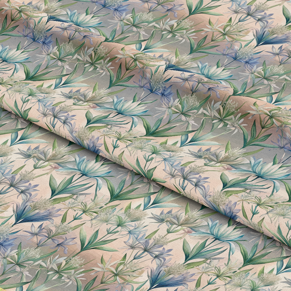 Art Nouveau Camassias Pattern 1 Quilting Cotton Fabric with floral design, botanical print, green leaves, blue flowers, beige background, soft texture, premium cotton textile, quilting material, decorative fabric, natural colors, vintage style, lightweight cotton fabric.