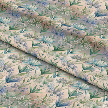 Art Nouveau Camassias Pattern 1 Quilting Cotton Fabric with floral design, botanical print, green leaves, blue flowers, beige background, soft texture, premium cotton textile, quilting material, decorative fabric, natural colors, vintage style, lightweight cotton fabric.