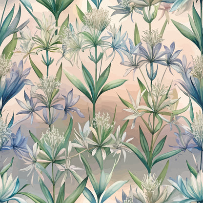 Art Nouveau Camassias Pattern 1 Quilting Cotton Fabric featuring botanical floral design, nature-inspired motifs, soft pastel colors, green stems, blue and white flowers, elegant vintage style, decorative textile, crafting material, sewing fabric.