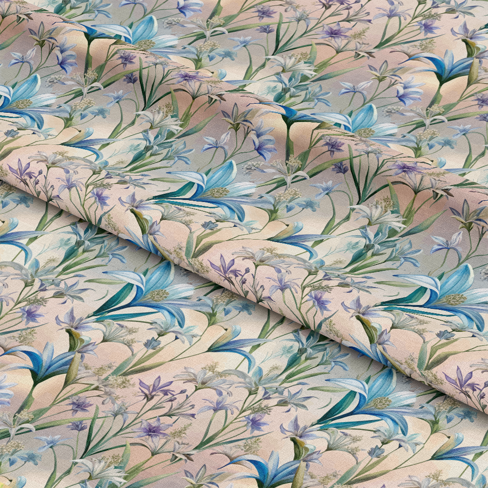 Art Nouveau Camassias Pattern 2 Quilting Cotton Fabric, floral design, botanical, vintage style, blue flowers, green leaves, beige background, fabric texture, quilting material, cotton textile, soft cotton, traditional print, premium cotton fabric, decorative cotton, sewing fabric.