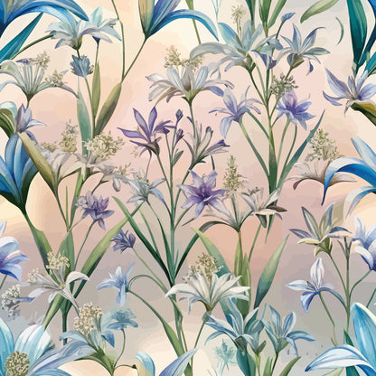 Art Nouveau Camassias Pattern 2 Quilting Cotton Fabric featuring floral design, blue and purple flowers, green leaves, botanical print, nature-inspired textile, cotton fabric, quilting material, vintage style, decorative fabric, soft texture, pastel background, garden motif, artistic fabric design.