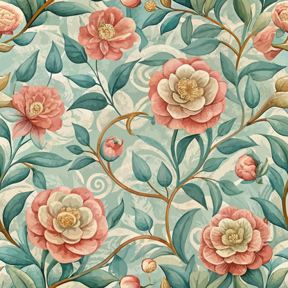 sage green, coral pink, cream, gold accents, camellia flowers, botanical pattern, art nouveau style, flowing vines, organic curves, layered petals, quilting cotton, fabric panel, floral design, nature motif, soft pastels, vintage inspired, romantic florals, elegant blooms, decorative swirls