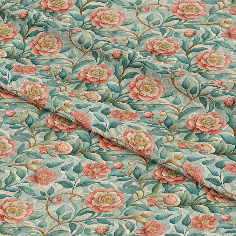 Art Nouveau Camellias Pattern 1 Quilting Cotton Fabric featuring floral design, vintage style, camellia flowers, leaves, pastel colors, soft texture, cotton material, quilting fabric, decorative textile, nature-inspired pattern, elegant print, traditional craftsmanship, muted green background, blush pink blooms.