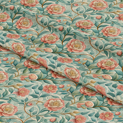 Art Nouveau Camellias Pattern 1 Quilting Cotton Fabric featuring floral design, vintage style, camellia flowers, leaves, pastel colors, soft texture, cotton material, quilting fabric, decorative textile, nature-inspired pattern, elegant print, traditional craftsmanship, muted green background, blush pink blooms.