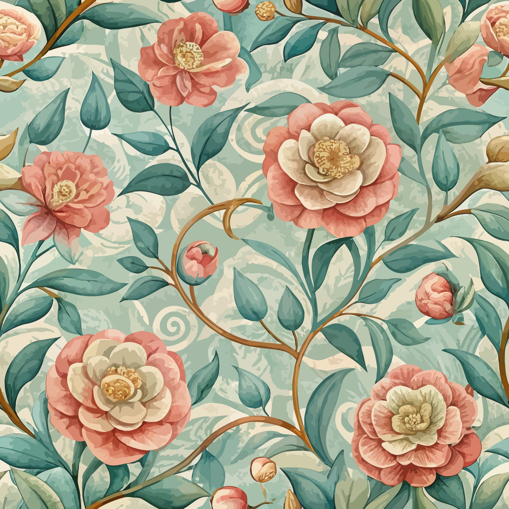 Art Nouveau Camellias Pattern 1 Quilting Cotton Fabric featuring floral blossoms, camellia flowers, green leaves, vintage style, pastel colors, peach, cream, teal, traditional design, quilting material, cotton textile, decorative print, premium fabric, garden motif, leafy branches, soft texture.
