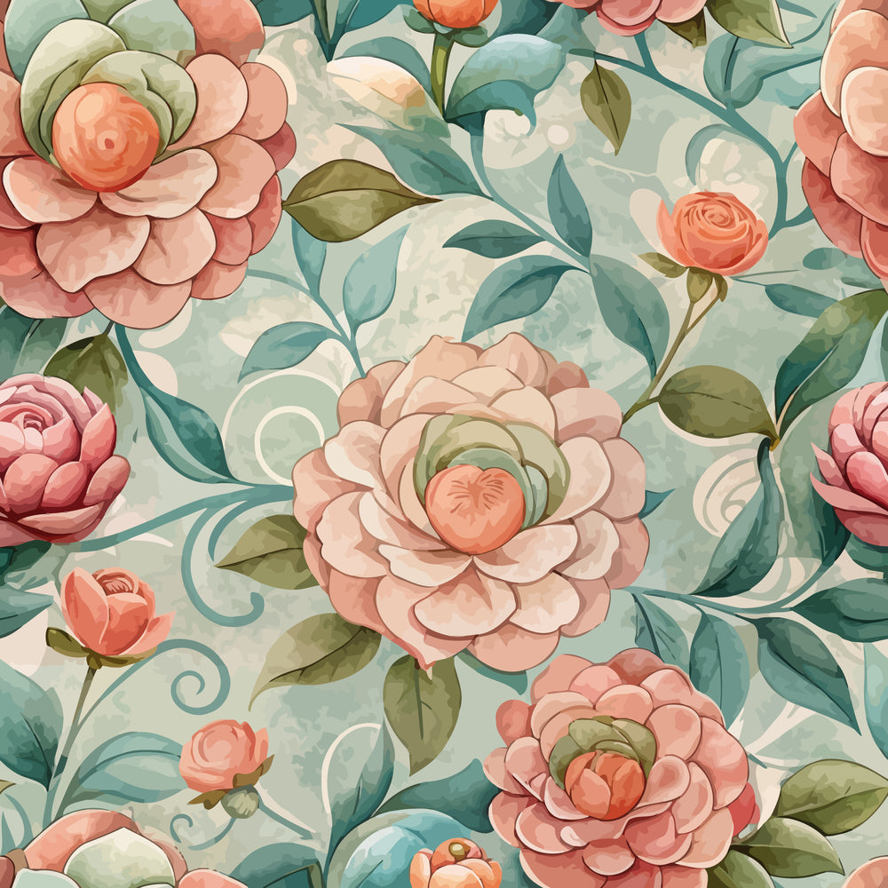 coral pink flowers, sage green leaves, teal blue foliage, cream background, camellia blooms, art nouveau style, floral pattern, botanical design, layered petals, flowing vines, quilting cotton, fabric panel, vintage inspired, romantic florals, peachy tones, swirling stems, elegant blooms, soft pastels
