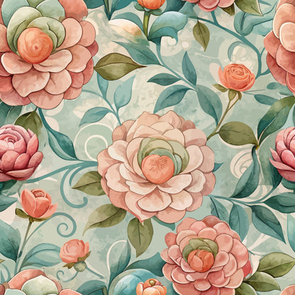 coral pink flowers, sage green leaves, teal blue foliage, cream background, camellia blooms, art nouveau style, floral pattern, botanical design, layered petals, flowing vines, quilting cotton, fabric panel, vintage inspired, romantic florals, peachy tones, swirling stems, elegant blooms, soft pastels