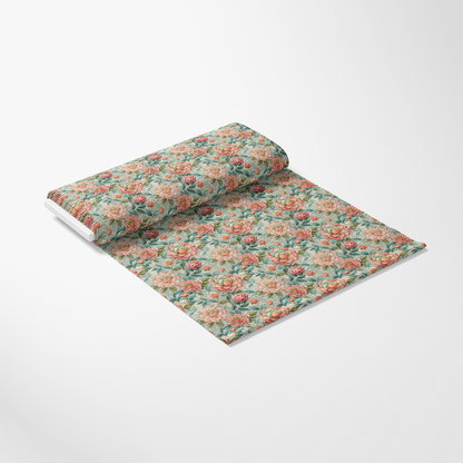 Art Nouveau Camellias Pattern 2 Quilting Cotton Fabric, floral textile, vintage design, soft cotton material, quilting fabric, pastel colors, green background, peach and pink camellias, artistic fabric, decorative cotton, premium quilting cotton, traditional style textile, botanical print fabric, sewing fabric yardage.