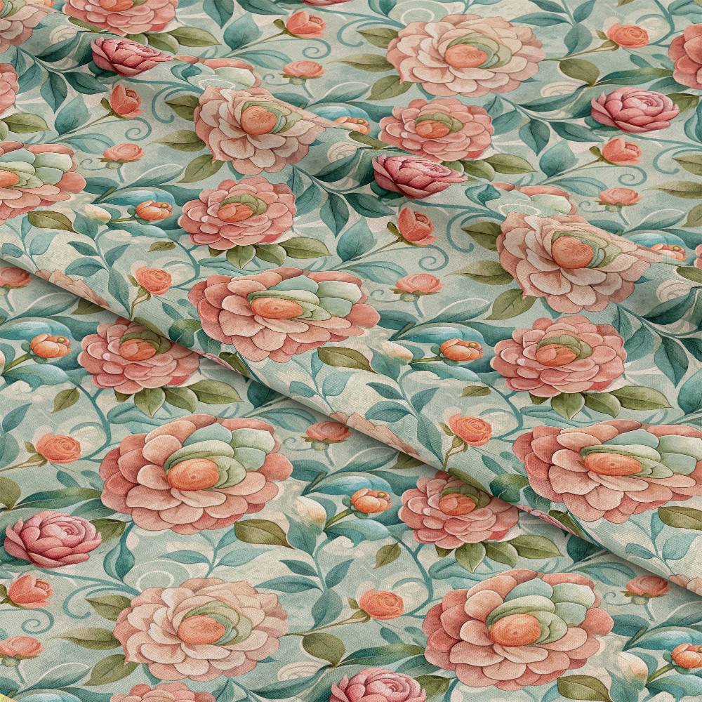 Art Nouveau Camellias Pattern 2 Quilting Cotton Fabric featuring soft pastel pink, peach, and green floral design with camellia blossoms, leaves, and buds on a muted blue-green background, showcasing vintage floral motifs, delicate botanical print, high-quality quilting cotton textile, and detailed elegant flower patterns for sewing and craft projects.
