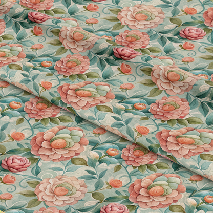 Art Nouveau Camellias Pattern 2 Quilting Cotton Fabric featuring soft pastel pink, peach, and green floral design with camellia blossoms, leaves, and buds on a muted blue-green background, showcasing vintage floral motifs, delicate botanical print, high-quality quilting cotton textile, and detailed elegant flower patterns for sewing and craft projects.