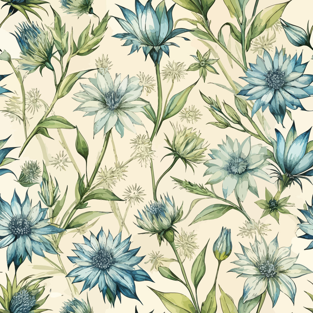blue flowers, chicory blossoms, botanical pattern, art nouveau style, cream background, sage green leaves, watercolor effect, floral design, quilting cotton, fabric panel, nature motif, delicate petals, flowing stems, organic shapes, vintage botanical, soft blues, muted greens, repeating pattern, wildflowers, natural elements