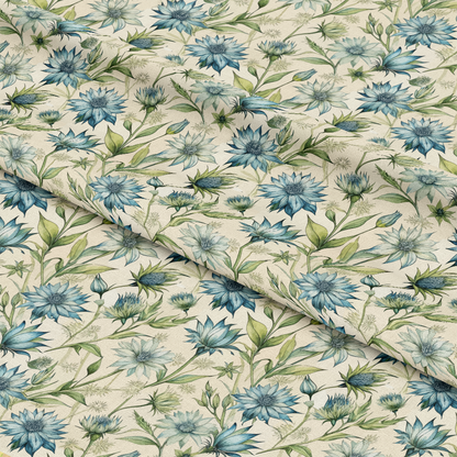 Art Nouveau Chicory Blossoms Pattern 1 Quilting Cotton Fabric, floral design, blue flowers, green leaves, botanical print, natural colors, elegant textile, quilting fabric, cotton material, fabric yardage, classic style, vintage inspired, soft texture, decorative fabric, artistic floral pattern.