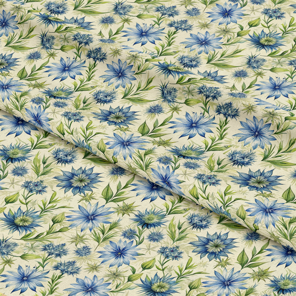 - Art Nouveau Chicory Blossoms Pattern 2 Quilting Cotton Fabric  
- Blue blossoms, green leaves, floral design  
- Vintage style, botanical motifs, natural tones  
- Soft texture, woven cotton, sewing material  
- Decorative textile, craft fabric, premium quilting