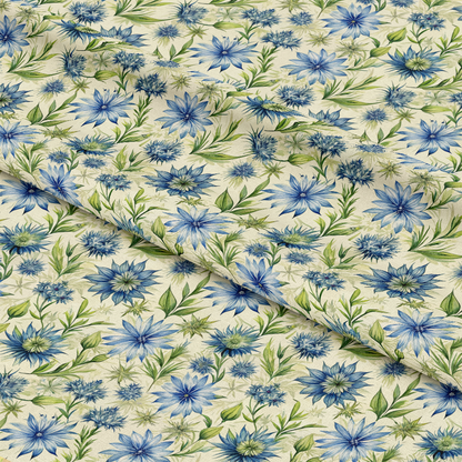- Art Nouveau Chicory Blossoms Pattern 2 Quilting Cotton Fabric  
- Blue blossoms, green leaves, floral design  
- Vintage style, botanical motifs, natural tones  
- Soft texture, woven cotton, sewing material  
- Decorative textile, craft fabric, premium quilting