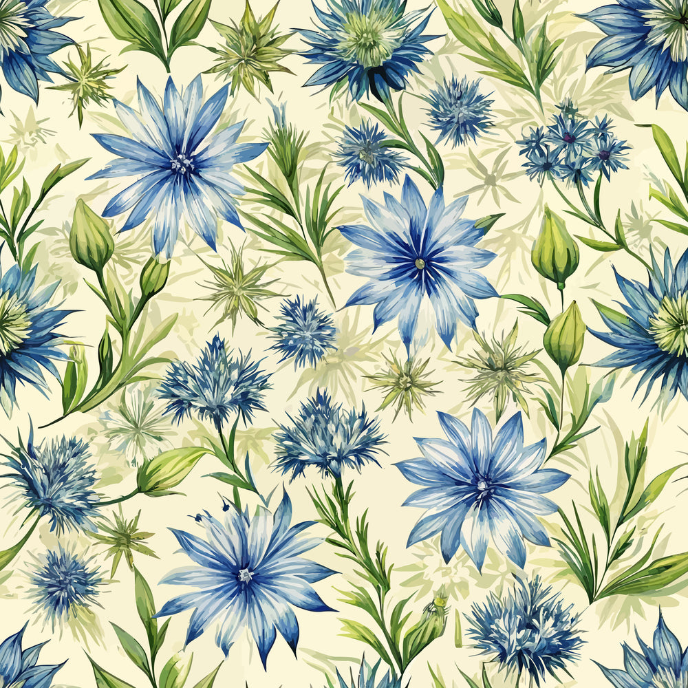 Art Nouveau Chicory Blossoms Pattern 2 Quilting Cotton Fabric with blue flowers green leaves floral design cream background botanical textile cotton fabric quilting fabric premium fabric