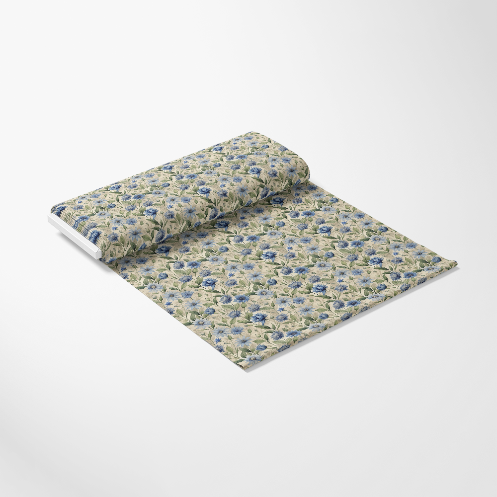 Art Nouveau Chicory Flowers Pattern 1 Quilting Cotton Fabric, floral design, blue flowers, green leaves, beige background, vintage style, botanical print, cotton textile, quilting material, fabric yardage, elegant motif, soft texture, premium quilting cotton.