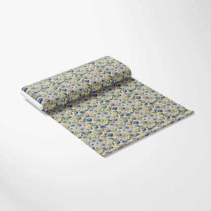 Art Nouveau Chicory Flowers Pattern 1 Quilting Cotton Fabric, floral design, blue flowers, green leaves, beige background, vintage style, botanical print, cotton textile, quilting material, fabric yardage, elegant motif, soft texture, premium quilting cotton.