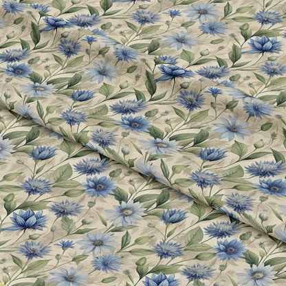 Art Nouveau Chicory Flowers Pattern 1 Quilting Cotton Fabric, quilting cotton fabric, beige background, blue chicory flowers, floral design, green leaves, vintage style, textile yardage, premium cotton material, soft texture, traditional floral print, decorative fabric, sewing cotton, craft fabric.