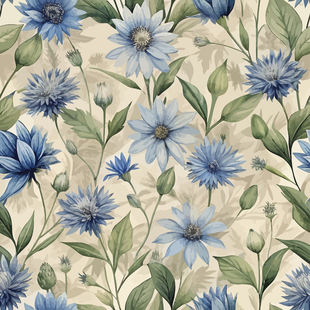 Art Nouveau Chicory Flowers Pattern 1 Quilting Cotton Fabric, blue flowers, green leaves, floral design, vintage style, botanical print, fabric yardage, sewing material, quilting cotton, natural tones, beige background, elegant textile, decorative cotton fabric, artistic flower motif, premium quilting fabric
