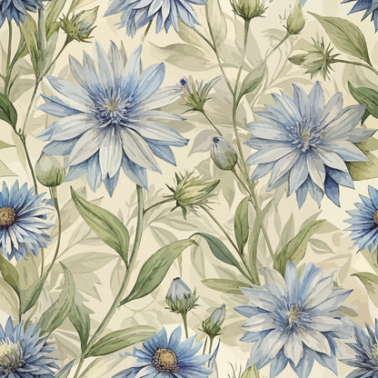 art nouveau, chicory flowers, blue petals, sage green, cream background, botanical pattern, floral design, quilting cotton, fabric panel, watercolor style, delicate blooms, nature motif, soft pastels, garden flowers, vintage inspired, organic shapes, flowing stems, muted tones, repeating pattern