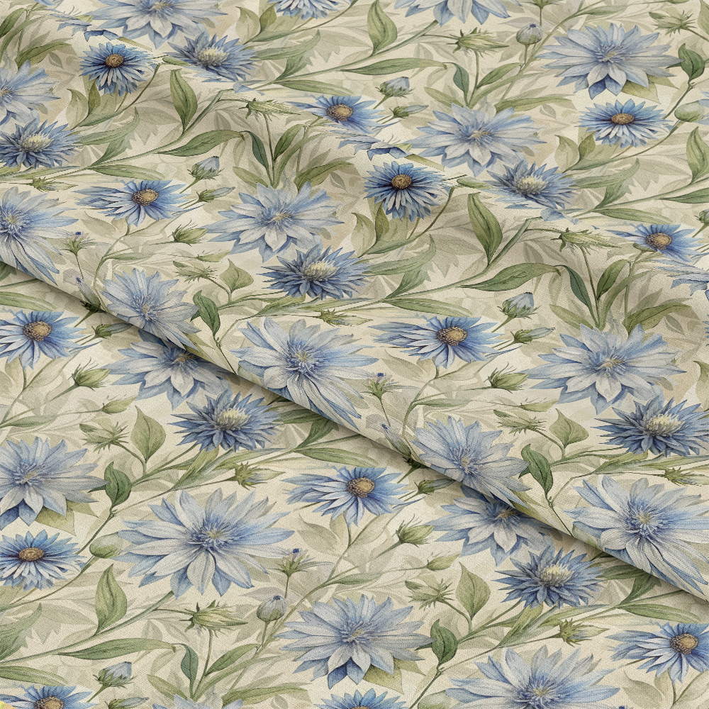 - Art Nouveau Chicory Flowers Pattern 2 Quilting Cotton Fabric  
- Floral design  
- Blue flowers  
- Green leaves  
- Beige background  
- Quilting fabric  
- Cotton material  
- Vintage style  
- Elegant print  
- Soft texture  
- Decorative fabric
