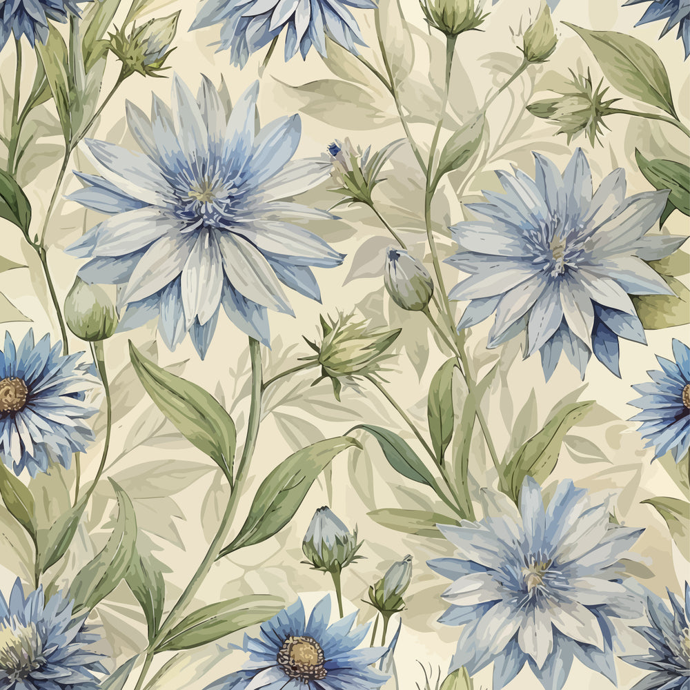 Art Nouveau Chicory Flowers Pattern 2 Quilting Cotton Fabric showing delicate blue chicory flowers, green leaves, botanical design, floral motif, natural theme, vintage style, soft texture, quilting material, cotton textile, floral print fabric