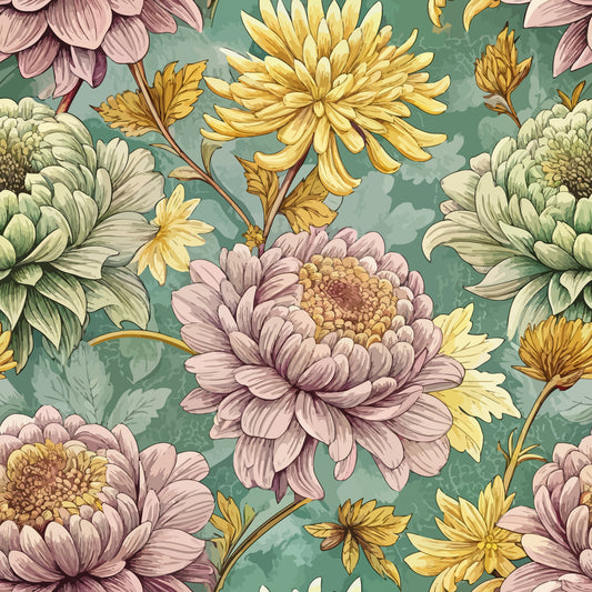 Art Nouveau Chrysanthemums Pattern 1 Quilting Cotton Fabric with floral design, chrysanthemums, yellow, green, mauve, beige colors, vintage style, botanical print, cotton fabric, quilting material, decorative fabric textile, elegant blooms, soft texture, traditional floral motif.