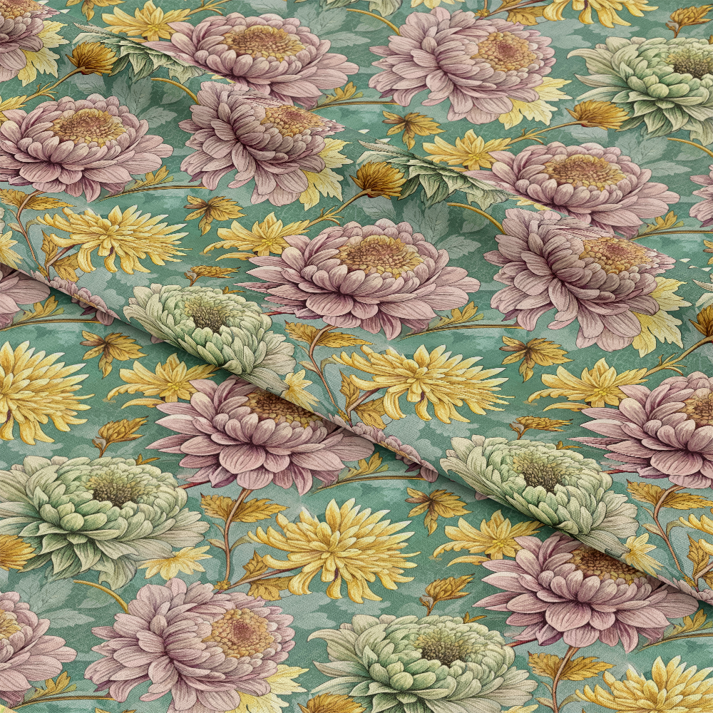 Art Nouveau Chrysanthemums Pattern 1 Quilting Cotton Fabric, floral design, chrysanthemums, intricate details, pastel colors, green background, yellow flowers, vintage style, textile material, quilting, cotton, fabric, premium quality, traditional style, decorative print, soft texture, sewing fabric