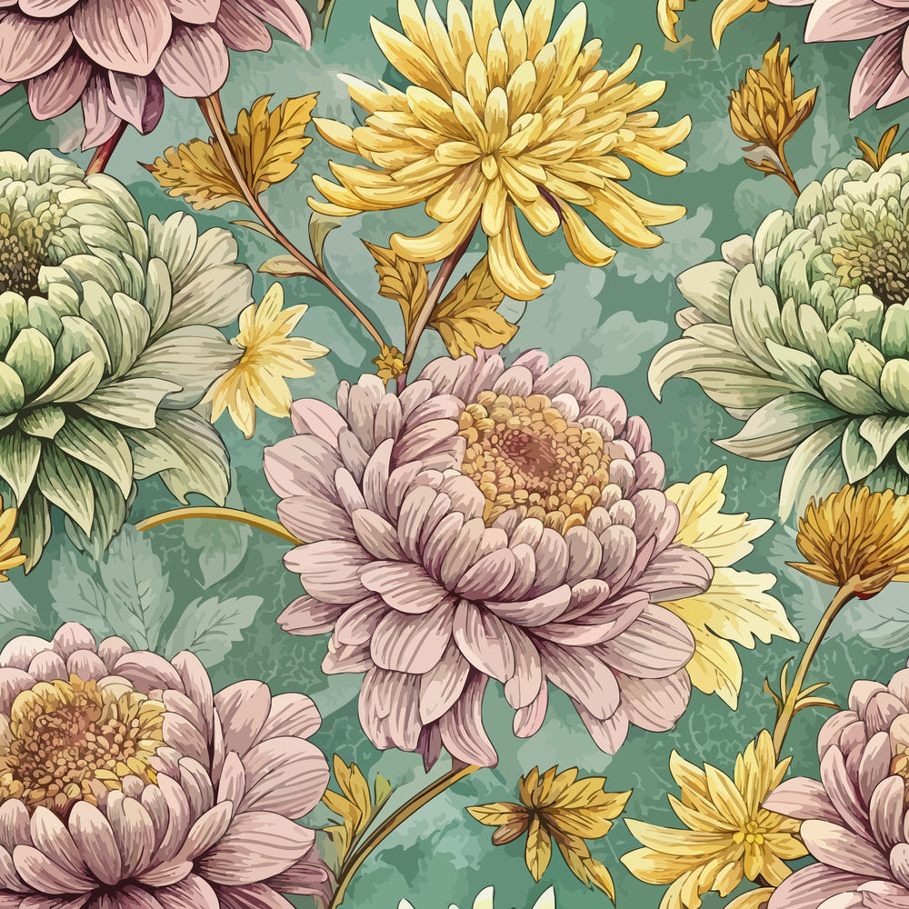 Art Nouveau Chrysanthemums Pattern 1 Quilting Cotton Fabric featuring vintage chrysanthemum blooms in muted yellow, soft lilac, pale green, and beige tones on a teal background, floral textile design, cotton quilting material, botanical print fabric