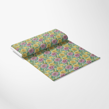 Art Nouveau Chrysanthemums Pattern 2 Quilting Cotton Fabric, floral, chrysanthemums, yellow flowers, purple flowers, green leaves, vintage style, decorative, textile, quilting, cotton, fabric, craft material, botanical, elegant design, colorful fabric, premium quality