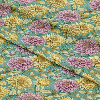 - Art Nouveau Chrysanthemums Pattern 2 Quilting Cotton Fabric  
- Floral design, chrysanthemum flowers  
- Yellow, lavender, green leaves  
- Vintage style, elegant, decorative  
- Premium cotton material, soft texture  
- Botanical print, natural tones  
- Traditional artistry, quilting fabric