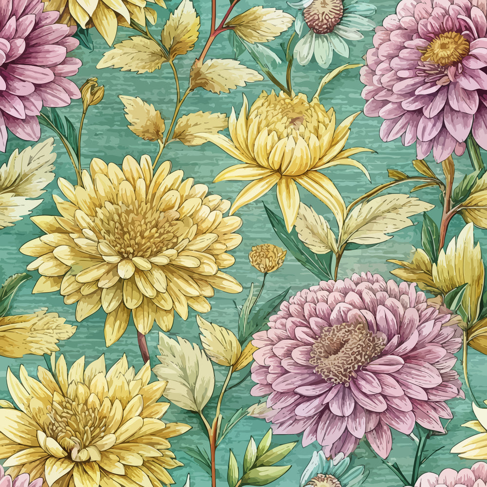 Art Nouveau Chrysanthemums Pattern 2 Quilting Cotton Fabric featuring large yellow and pink chrysanthemum flowers, green leaves, botanical floral design, vintage style, textile material, quilting fabric, decorative print, soft cotton fabric, continuous yardage.